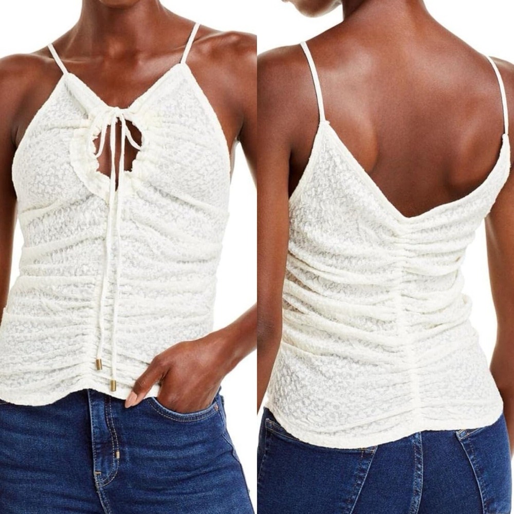 Free People Love Her Lace Illusion Top Keyhole Neck Ruched Back Boho Hippie L